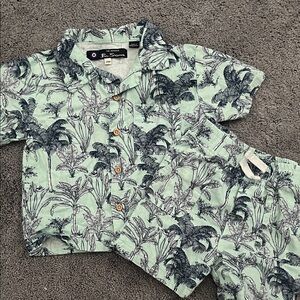 Ben Sherman 24 months Mint & navy blue palm tree linen cotton shirt & shorts